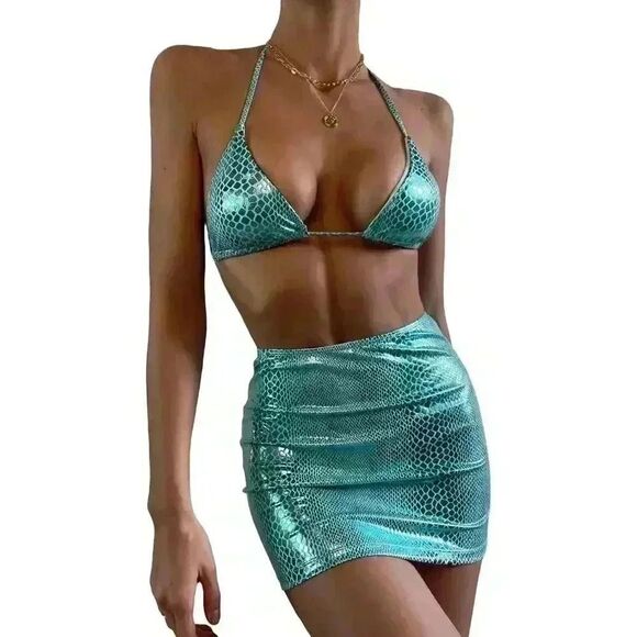 MakeMeChic Women's 3 Piece Swimsuits Snakeskin, Size M - Picture 1 of 16